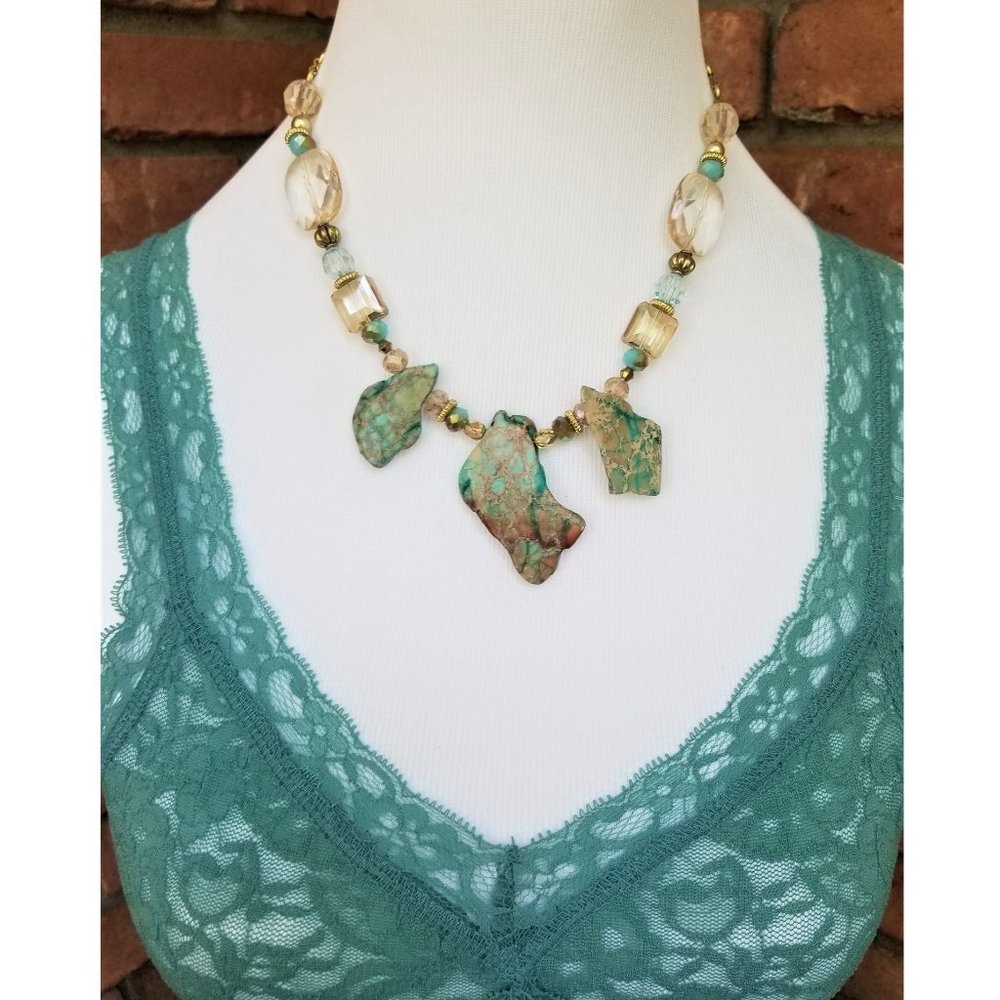 Artisan Hand Crafted Necklace. Aqua Blue Faux Stones. Gold Link Chain. Beaded